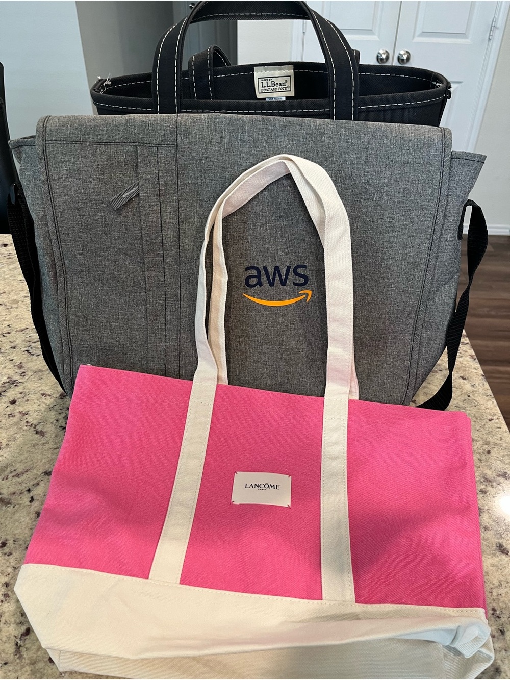 3 Bags Lancôme Tote, LL Bean Tote, Amazon Messenger Laptop Bag